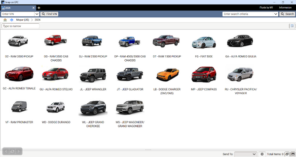 Mopar Snap-on EPC electronic parts catalog interface for Chrysler, Dodge, Jeep, and RAM vehicles